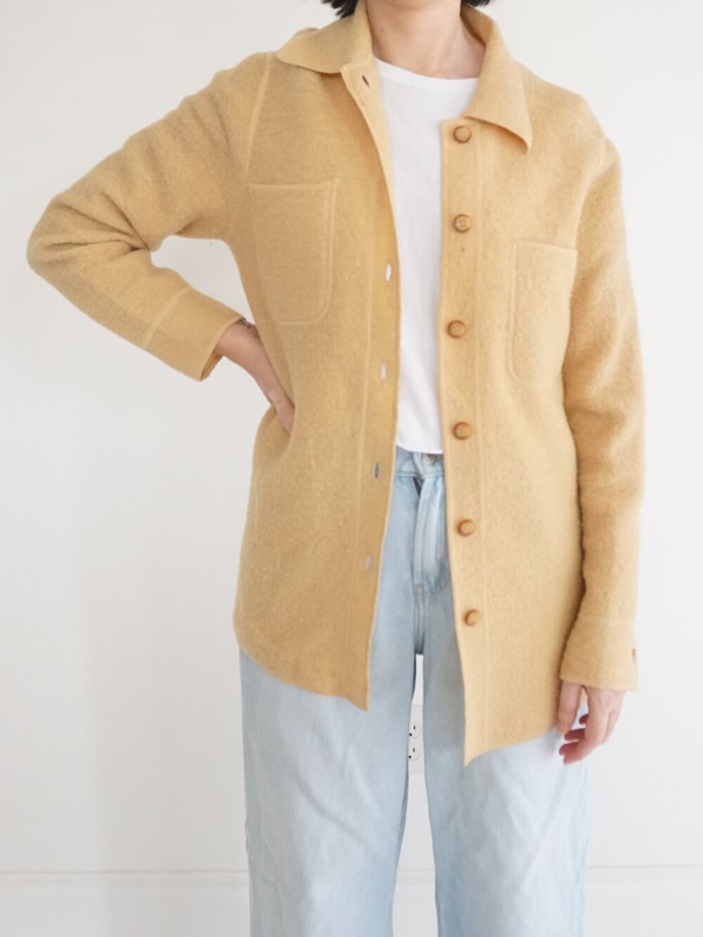 Vintage Jones Jeans Butter Yellow Wool Button Front Minimalist Shirt Cardigan P
